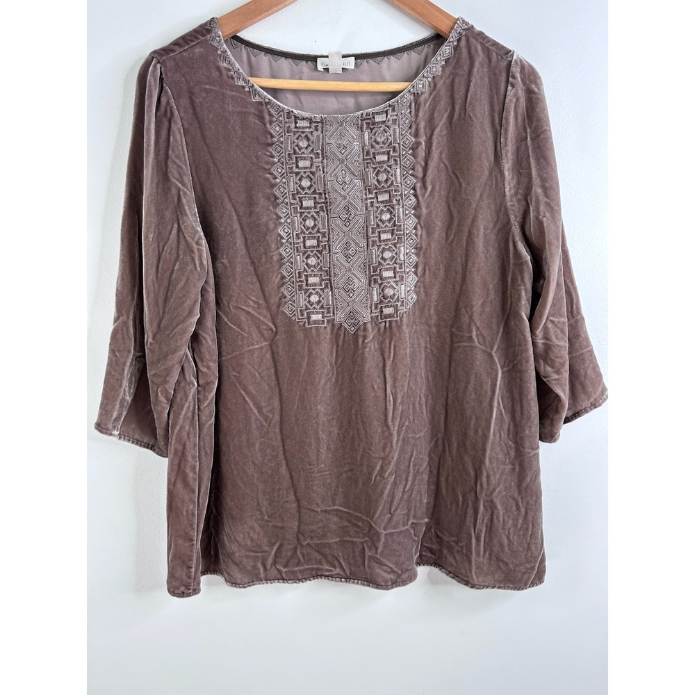 Garnet Hill Womens Silk Blend Velvet Embroidered Blouse Mauve Taupe Sz 2 Boho